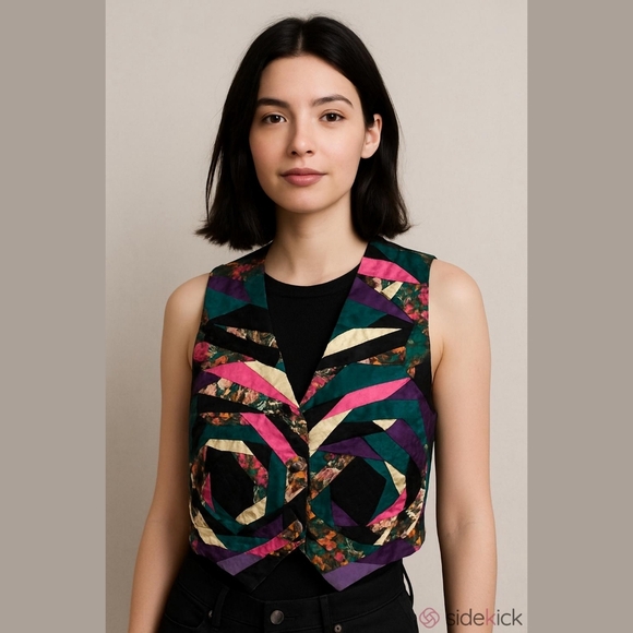 Vintage Jackets & Blazers - Vintage 80s Patchwork Quilted Wearable Art Vest Velvet